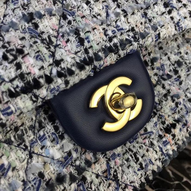 Chanel Multicolor Tweed Classic Flap Bag Medium 25cm Tweed Lambskin Leather Fall Winter 2017 Act 2 Collection Navy Blue