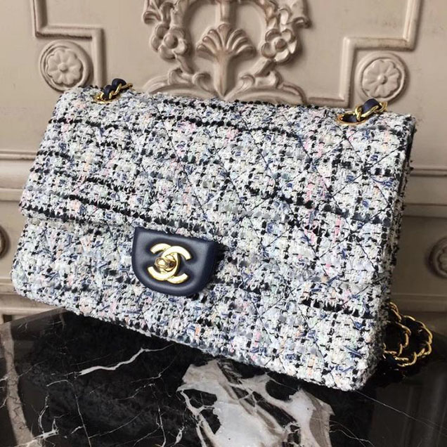 Chanel Multicolor Tweed Classic Flap Bag Medium 25cm Tweed Lambskin Leather Fall Winter 2017 Act 2 Collection Navy Blue