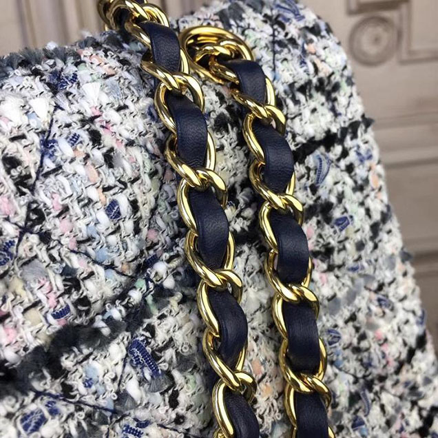 Chanel Multicolor Tweed Classic Flap Bag Medium 25cm Tweed Lambskin Leather Fall Winter 2017 Act 2 Collection Navy Blue