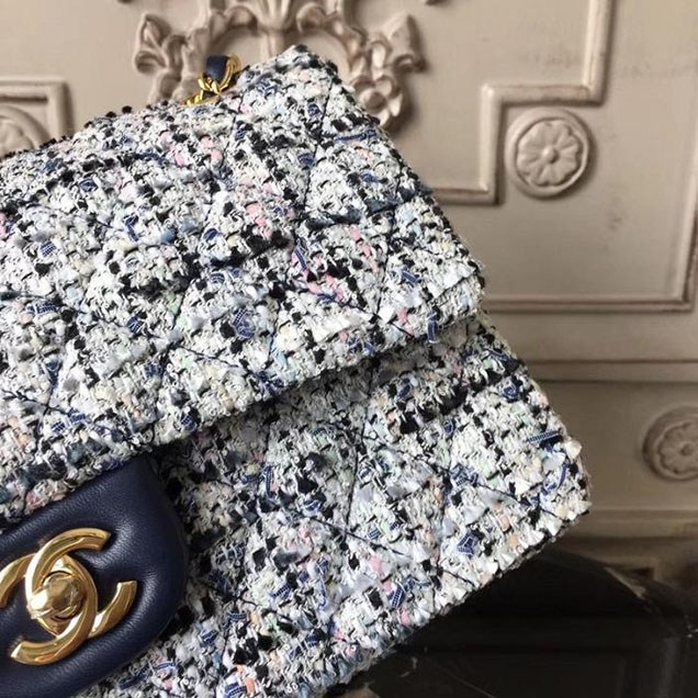 Chanel Multicolor Tweed Classic Flap Bag Medium 25cm Tweed Lambskin Leather Fall Winter 2017 Act 2 Collection Navy Blue