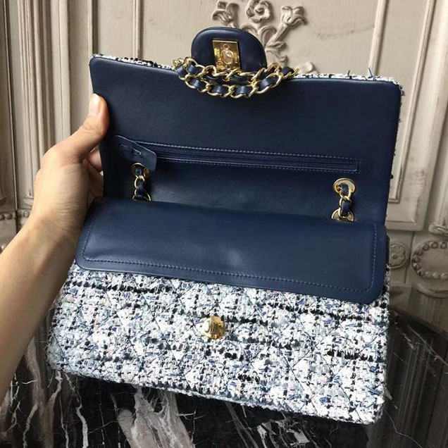 Chanel Multicolor Tweed Classic Flap Bag Medium 25cm Tweed Lambskin Leather Fall Winter 2017 Act 2 Collection Navy Blue