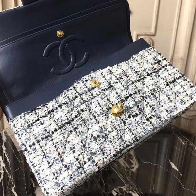 Chanel Multicolor Tweed Classic Flap Bag Medium 25cm Tweed Lambskin Leather Fall Winter 2017 Act 2 Collection Navy Blue