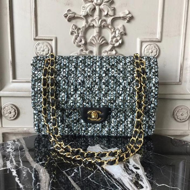 Chanel Multicolor Tweed Classic Flap Bag Medium 25cm Tweed Lambskin Leather Fall Winter 2017 Act 2 Collection Black Blue