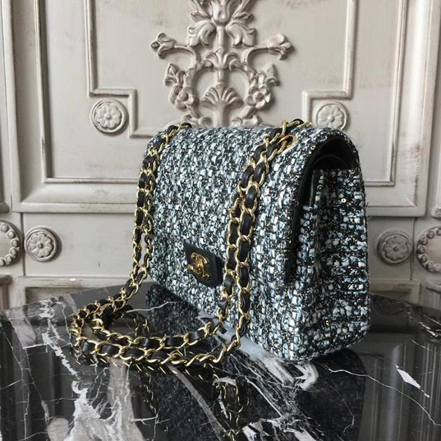 Chanel Multicolor Tweed Classic Flap Bag Medium 25cm Tweed Lambskin Leather Fall Winter 2017 Act 2 Collection Black Blue