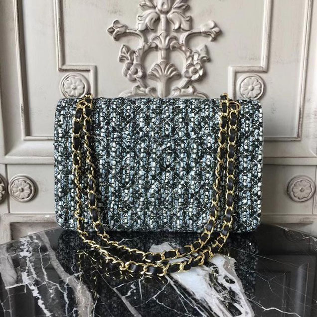Chanel Multicolor Tweed Classic Flap Bag Medium 25cm Tweed Lambskin Leather Fall Winter 2017 Act 2 Collection Black Blue