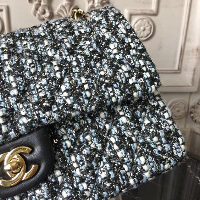 Chanel Multicolor Tweed Classic Flap Bag Medium 25cm Tweed Lambskin Leather Fall Winter 2017 Act 2 Collection Black Blue