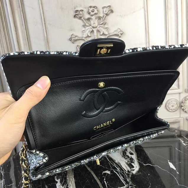 Chanel Multicolor Tweed Classic Flap Bag Medium 25cm Tweed Lambskin Leather Fall Winter 2017 Act 2 Collection Black Blue