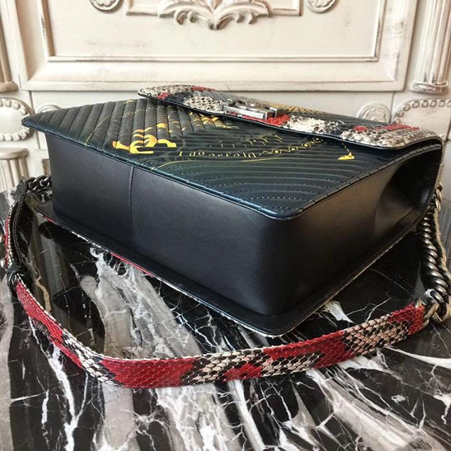 Chanel Flap Shoulder Chevron Bag 28cm Python Lambskin Leather Fall Winter 2017 Act 2 Collection Black