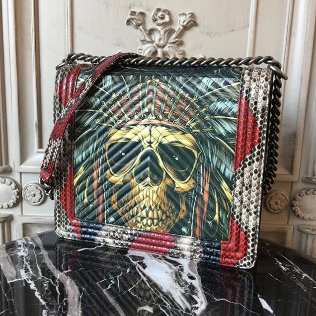 Chanel Flap Shoulder Chevron Bag 28cm Python Lambskin Leather Fall Winter 2017 Act 2 Collection Black
