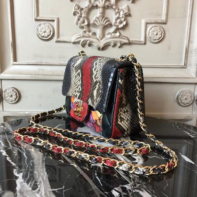Chanel Classic Flap Bag 20cm Python Lambskin Leather Fall Winter 2017 Act 2 Collection Black Multi