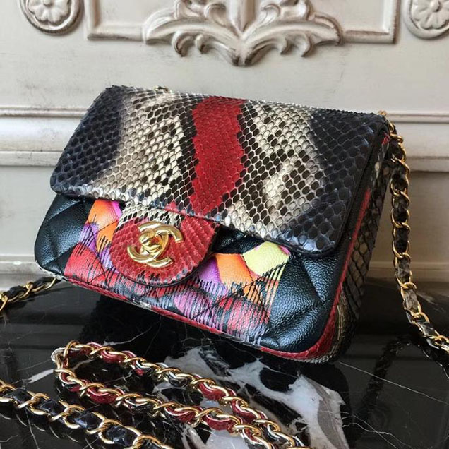 Chanel Classic Flap Bag 20cm Python Lambskin Leather Fall Winter 2017 Act 2 Collection Black Multi