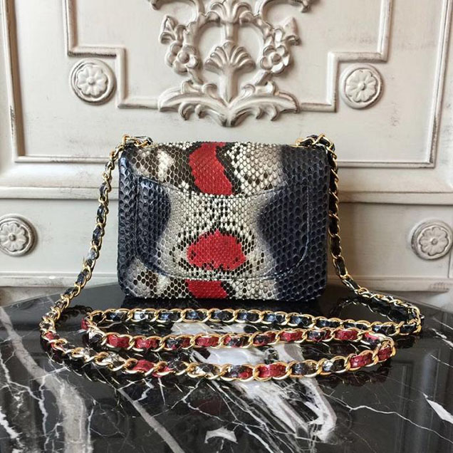 Chanel Classic Flap Bag 20cm Python Lambskin Leather Fall Winter 2017 Act 2 Collection Black Multi