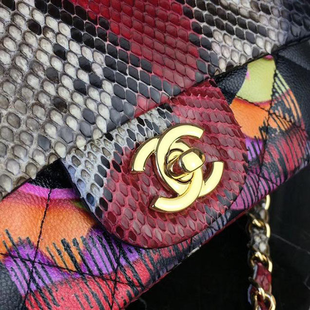 Chanel Classic Flap Bag 20cm Python Lambskin Leather Fall Winter 2017 Act 2 Collection Black Multi