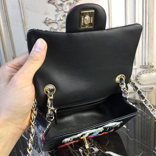 Chanel Classic Flap Bag 20cm Python Lambskin Leather Fall Winter 2017 Act 2 Collection Black Multi
