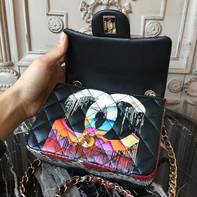 Chanel Classic Flap Bag 20cm Python Lambskin Leather Fall Winter 2017 Act 2 Collection Black Multi