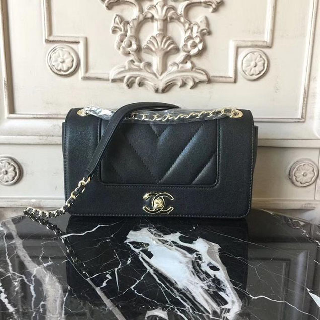 Chanel Mademoiselle Vintage Chevron Small Flap 20cm Bag Caviar Leather Fall Winter 2017 Act 2 Collection Black