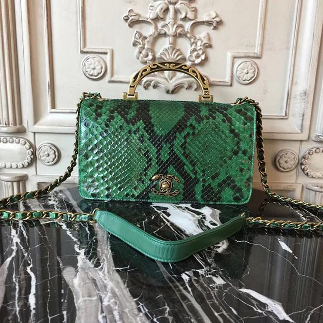 Chanel Flap 24cm Bag with Enamel Handle Python Leather Fall Winter 2017 Act 2 Collection Green