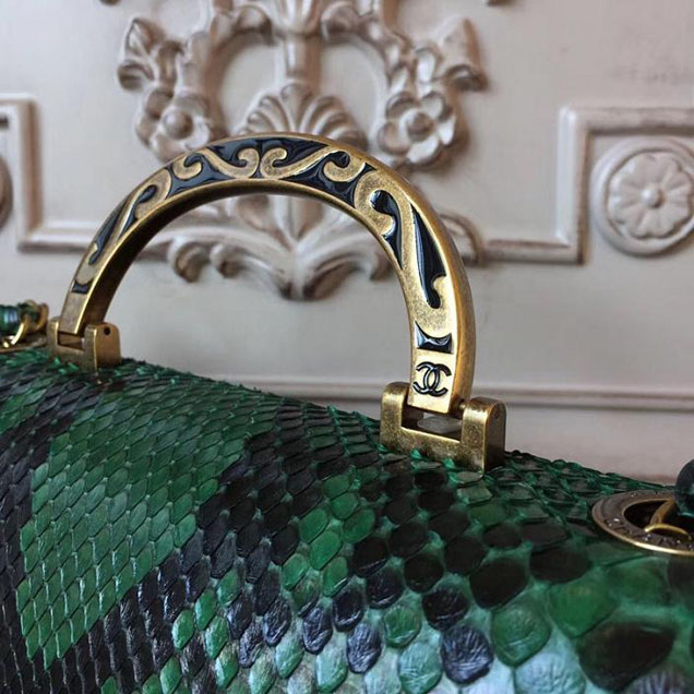 Chanel Flap 24cm Bag with Enamel Handle Python Leather Fall Winter 2017 Act 2 Collection Green