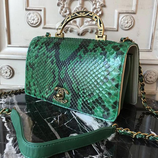 Chanel Flap 24cm Bag with Enamel Handle Python Leather Fall Winter 2017 Act 2 Collection Green