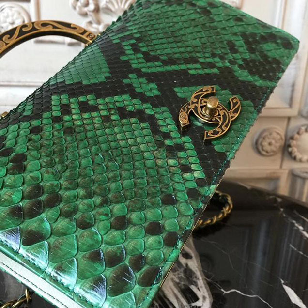 Chanel Flap 24cm Bag with Enamel Handle Python Leather Fall Winter 2017 Act 2 Collection Green