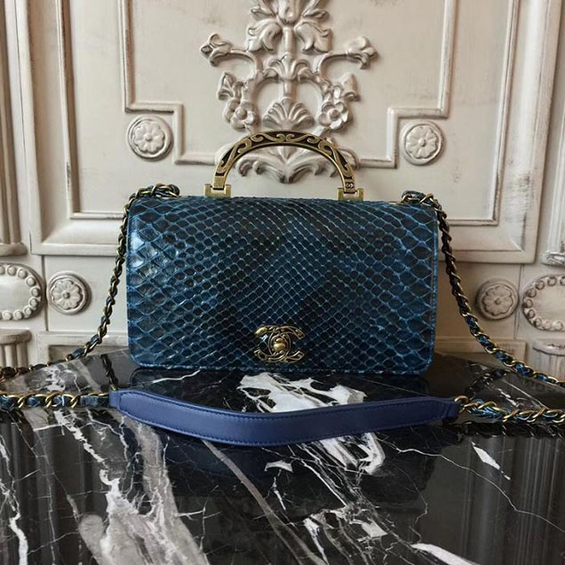 Chanel Flap 24cm Bag with Enamel Handle Python Leather Fall Winter 2017 Act 2 Collection Navy Blue