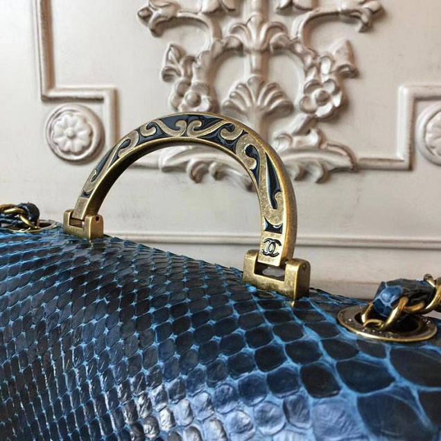 Chanel Flap 24cm Bag with Enamel Handle Python Leather Fall Winter 2017 Act 2 Collection Navy Blue