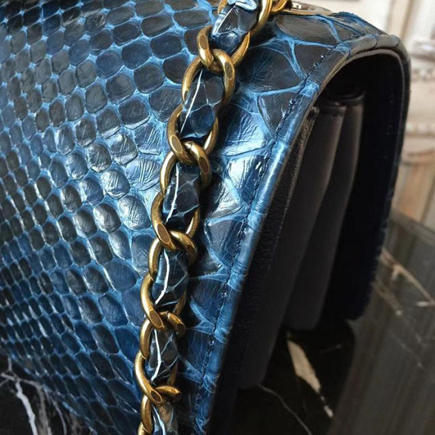 Chanel Flap 24cm Bag with Enamel Handle Python Leather Fall Winter 2017 Act 2 Collection Navy Blue
