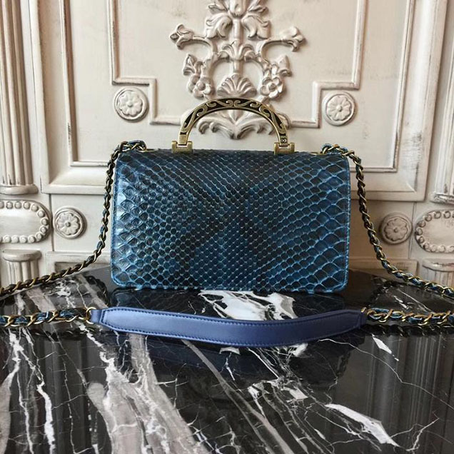 Chanel Flap 24cm Bag with Enamel Handle Python Leather Fall Winter 2017 Act 2 Collection Navy Blue