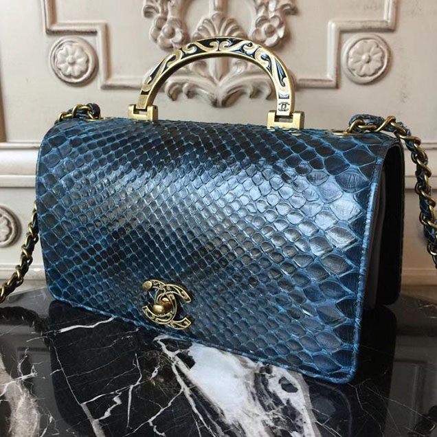 Chanel Flap 24cm Bag with Enamel Handle Python Leather Fall Winter 2017 Act 2 Collection Navy Blue