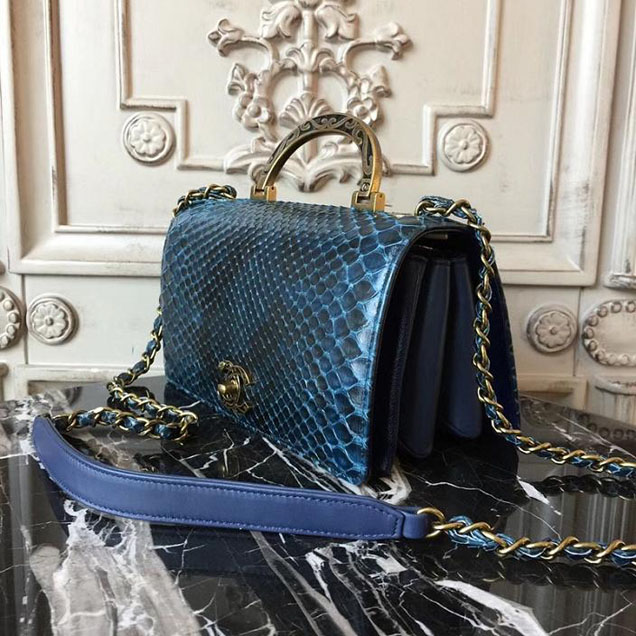 Chanel Flap 24cm Bag with Enamel Handle Python Leather Fall Winter 2017 Act 2 Collection Navy Blue