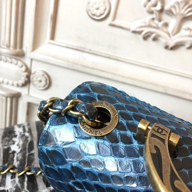 Chanel Flap 24cm Bag with Enamel Handle Python Leather Fall Winter 2017 Act 2 Collection Navy Blue