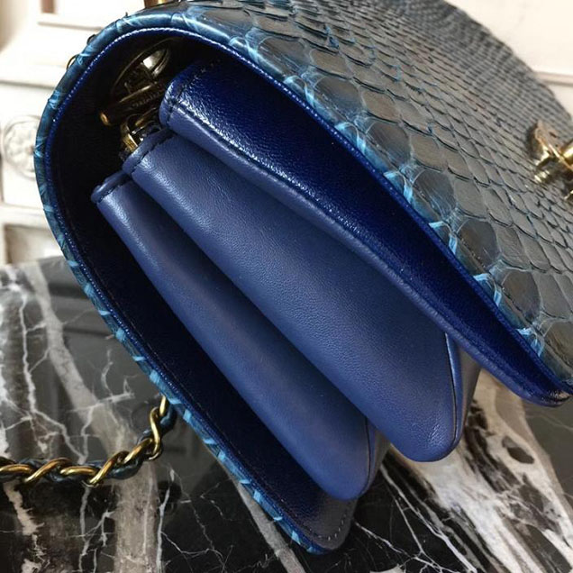 Chanel Flap 24cm Bag with Enamel Handle Python Leather Fall Winter 2017 Act 2 Collection Navy Blue