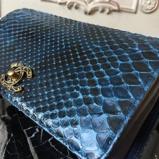 Chanel Flap 24cm Bag with Enamel Handle Python Leather Fall Winter 2017 Act 2 Collection Navy Blue