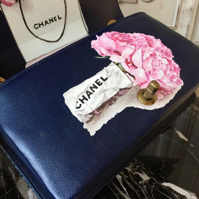 Chanel Flap 24cm Bag with Enamel Handle Python Leather Fall Winter 2017 Act 2 Collection Navy Blue