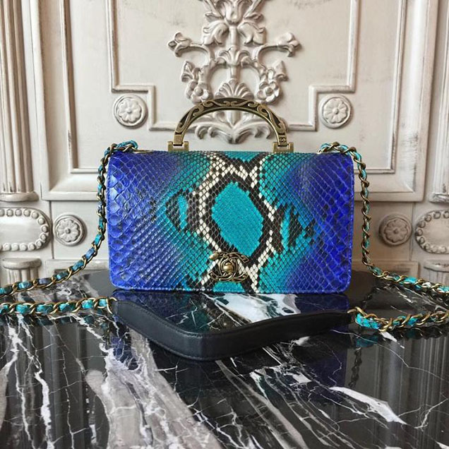 Chanel Flap 24cm Bag with Enamel Handle Python Leather Fall Winter 2017 Act 2 Collection Electric Blue Multi