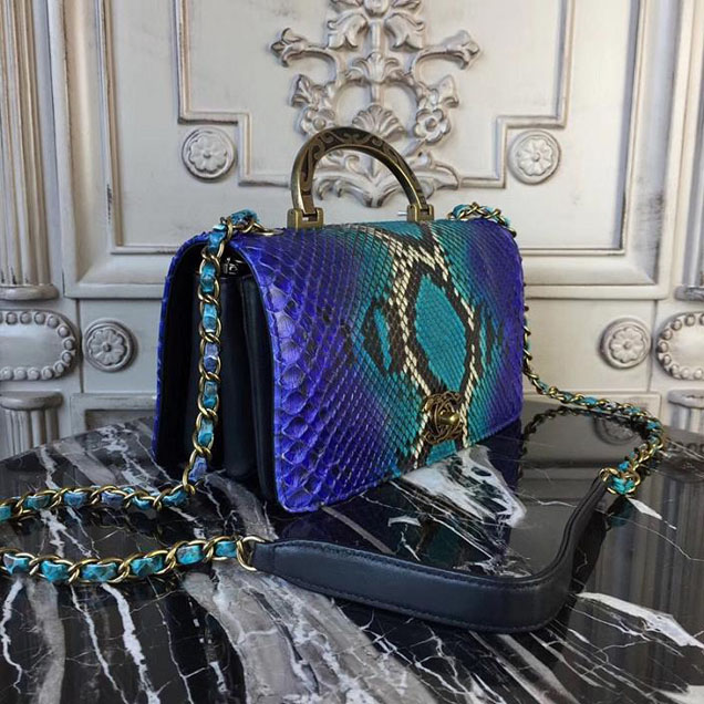 Chanel Flap 24cm Bag with Enamel Handle Python Leather Fall Winter 2017 Act 2 Collection Electric Blue Multi