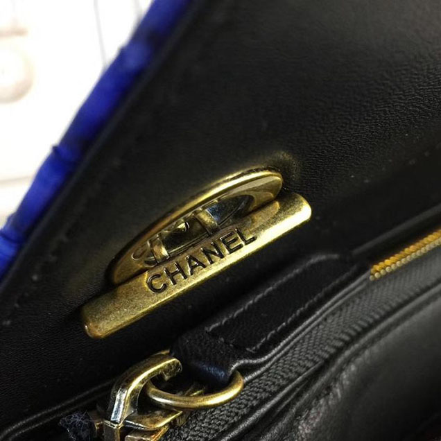 Chanel Flap 24cm Bag with Enamel Handle Python Leather Fall Winter 2017 Act 2 Collection Electric Blue Multi