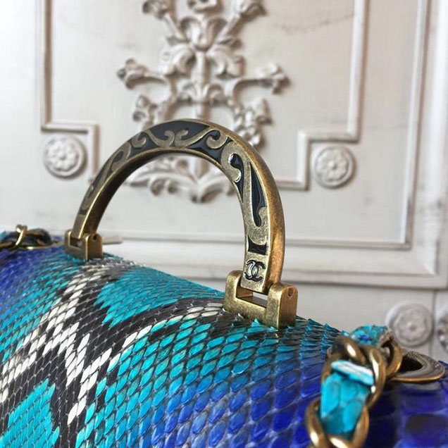 Chanel Flap 24cm Bag with Enamel Handle Python Leather Fall Winter 2017 Act 2 Collection Electric Blue Multi