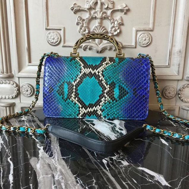 Chanel Flap 24cm Bag with Enamel Handle Python Leather Fall Winter 2017 Act 2 Collection Electric Blue Multi