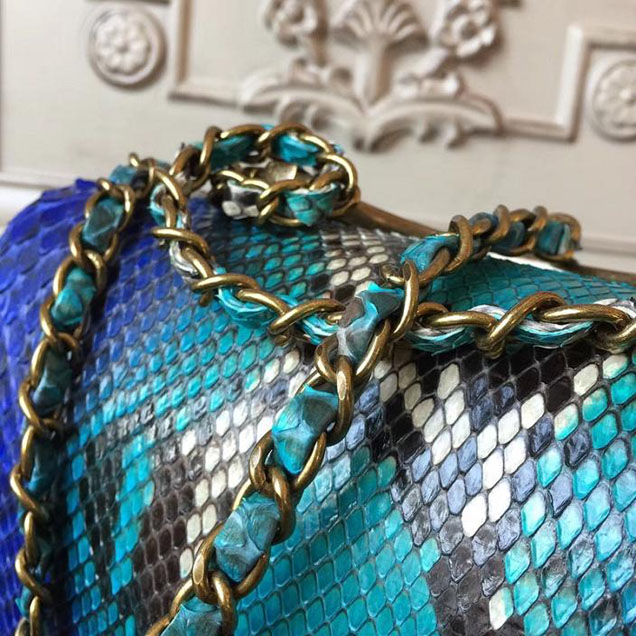 Chanel Flap 24cm Bag with Enamel Handle Python Leather Fall Winter 2017 Act 2 Collection Electric Blue Multi