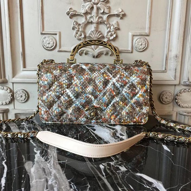 Chanel Flap 24cm Bag with Enamel Handle Python Leather Fall Winter 2017 Act 2 Collection Beige Multi