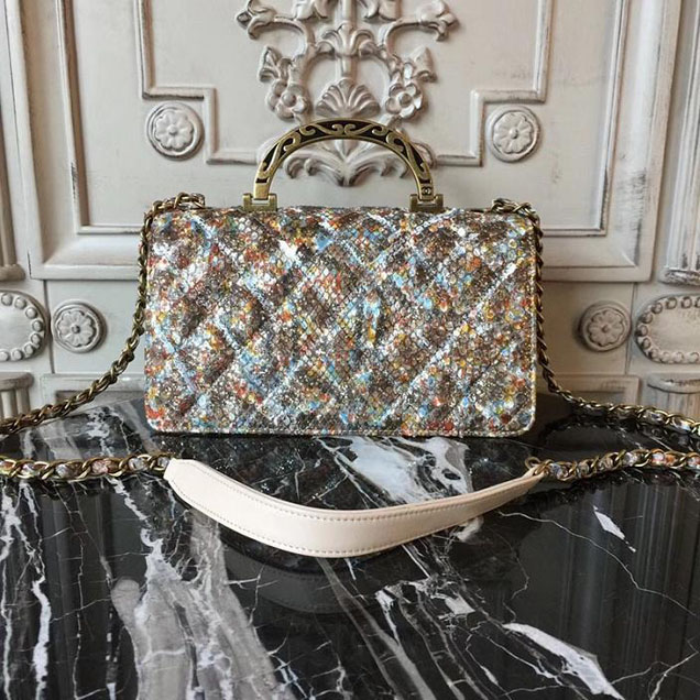 Chanel Flap 24cm Bag with Enamel Handle Python Leather Fall Winter 2017 Act 2 Collection Beige Multi