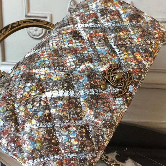 Chanel Flap 24cm Bag with Enamel Handle Python Leather Fall Winter 2017 Act 2 Collection Beige Multi