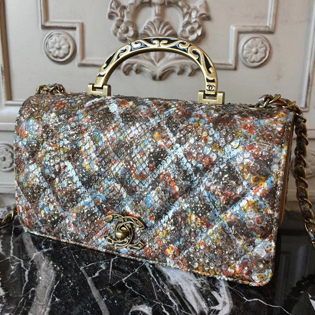 Chanel Flap 24cm Bag with Enamel Handle Python Leather Fall Winter 2017 Act 2 Collection Beige Multi