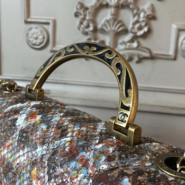 Chanel Flap 24cm Bag with Enamel Handle Python Leather Fall Winter 2017 Act 2 Collection Beige Multi