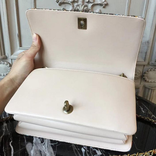 Chanel Flap 24cm Bag with Enamel Handle Python Leather Fall Winter 2017 Act 2 Collection Beige Multi