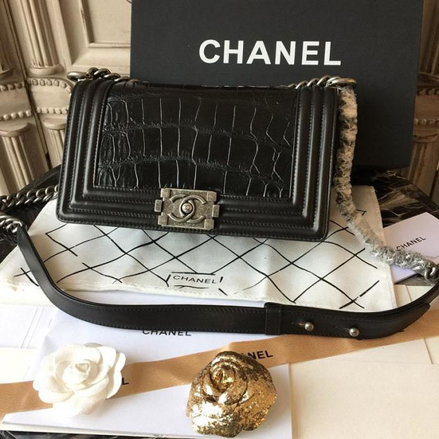 Chanel Boy 25cm Bag Crocodile Pattern and Lambskin Leather Antique Silver Hardware Cruise 2018 Collection Black