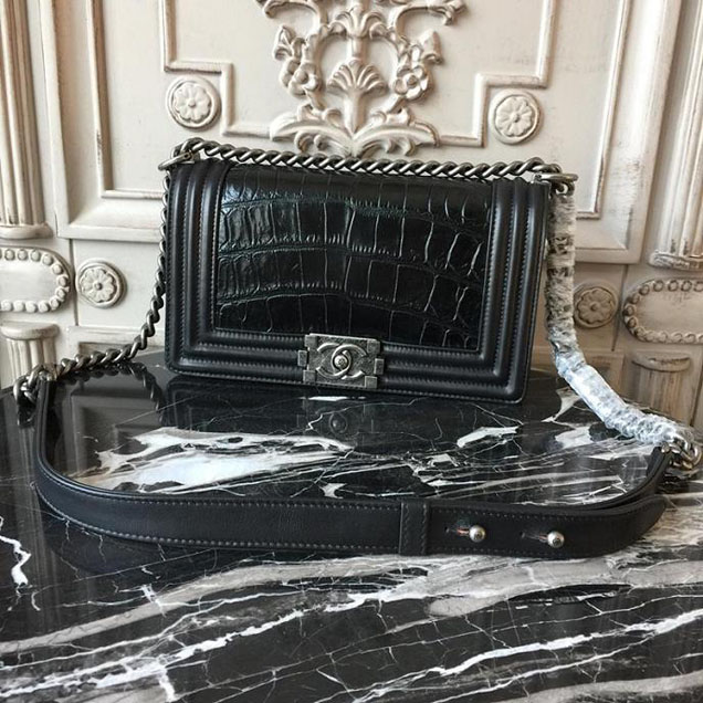 Chanel Boy 25cm Bag Crocodile Pattern and Lambskin Leather Antique Silver Hardware Cruise 2018 Collection Black
