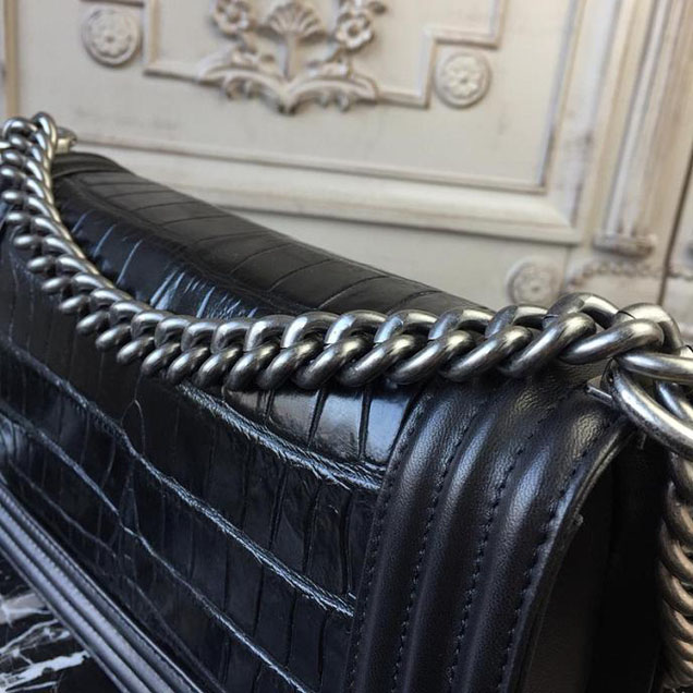 Chanel Boy 25cm Bag Crocodile Pattern and Lambskin Leather Antique Silver Hardware Cruise 2018 Collection Black