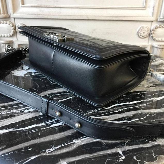 Chanel Boy 25cm Bag Crocodile Pattern and Lambskin Leather Antique Silver Hardware Cruise 2018 Collection Black